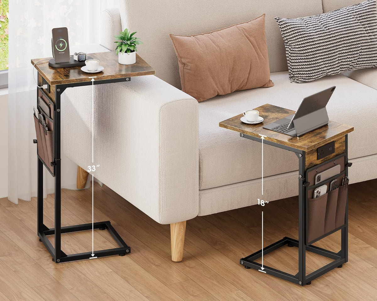 C Shaped End Table with Charging Station, Adjustable Height Side Table for Couch, Small Sofa Table with Storage Bag, Slide Under Sofa TV Tray Snack Arm Tables for Living Room, Bedroom, Brown - Image 2