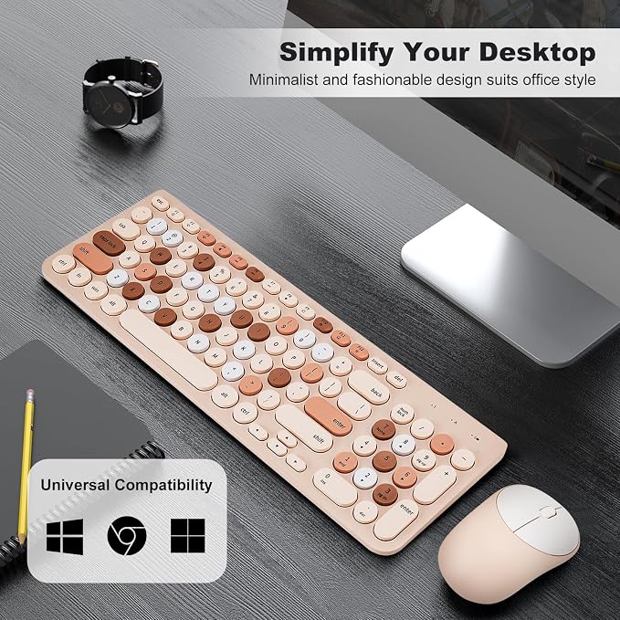 Wireless Keyboard and Mouse Combo, Retro Typewriter Keyboard with Round Keycaps, 2.4GHz USB Cute Wireless Keyboard Mouse for Computer, Desktop, Laptop (Milk Tea Colorful) - Image 7
