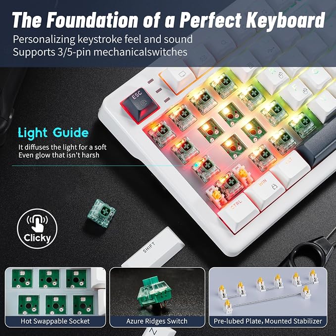Wireless Mechanical Keyboard with Wrist Rest, Hot Swappable Custom Keyboard with Knob, RGB Backlit, Pre-lubed Clicky Switches, 2.4GHz/USB-C/BT5.0 Mechanical Gaming Keyboards for Win/Mac (White) - Image 4