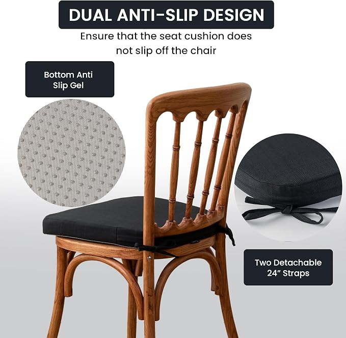 Battilo Chair Cushions for Dining Chairs with Ties, Kitchen Chair Pad with Non-Slip Backing and Removable Cover, Indoor/Outdoor Dining Seat Cushion, 16"x16"x2", Set of 4, Black - Image 5