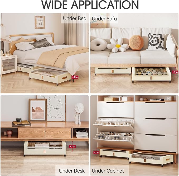 Yecaye 60L Under Bed Storage Containers with Wheels, 2 Pack Under Bed Storage Containers, Underbed Shoe Storage with Clear Window & Label, Rolling Under Bed Metal Drawer for Shoes, Clothes, Beige - Image 6