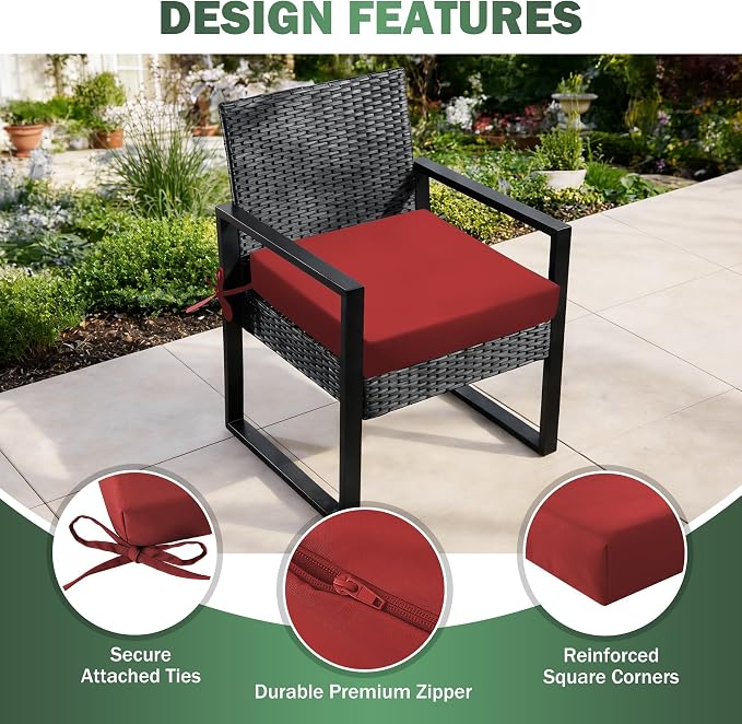 Outdoor Chair Cushions Set of 2, 19x19x3 Inch Waterproof & Fade Resistant Patio Furniture Seat Cushions with Ties, Square Outdoor Dining Chair Cushions for Lawn, Garden, Deck & Yard, Burgundy - Image 4