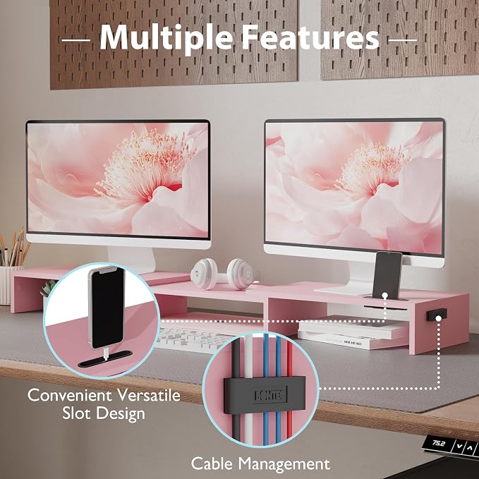 BONTEC Dual Monitor Stand Riser, Adjustable Length & Swivel Angle, Pink | Ergonomic Wooden Desktop Organizer with Smartphone Holder, Computer Monitor Stand for PC, Laptop, Printer and Large Storage - Image 6