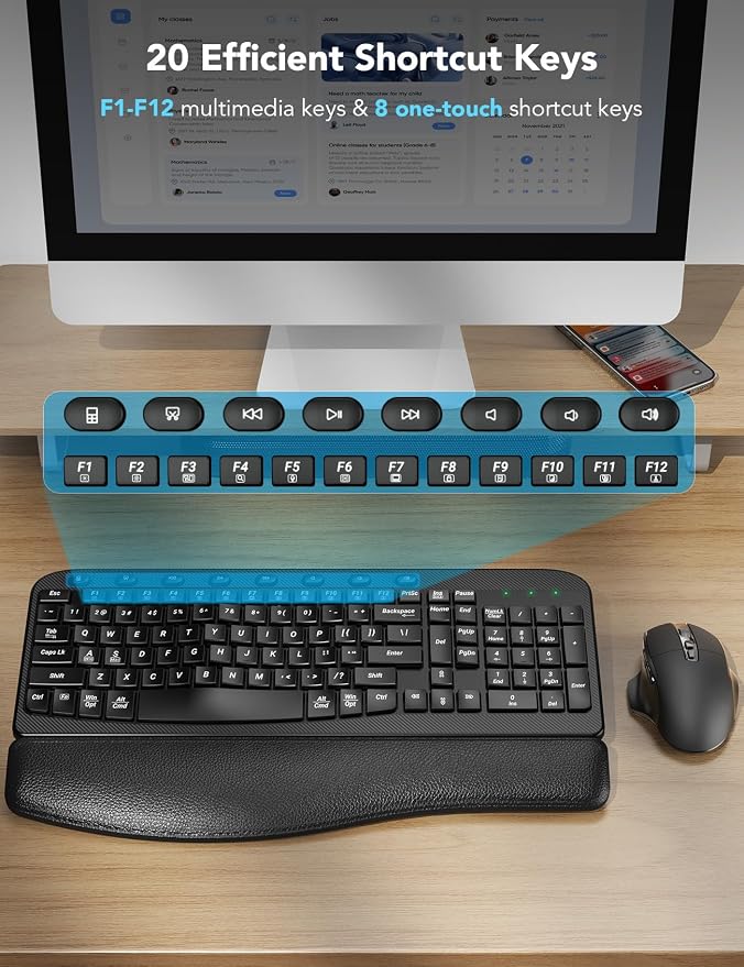 Wireless Keyboard and Mouse Combo with Ergonomic Wave Keys | Leather Soft Palm Rest, 2.4G Full Size, 6-Button Mouse, 4-Level DPI, USB-A/C, MA12 Silent Set for PC, Laptop, Windows, macOS - Image 8
