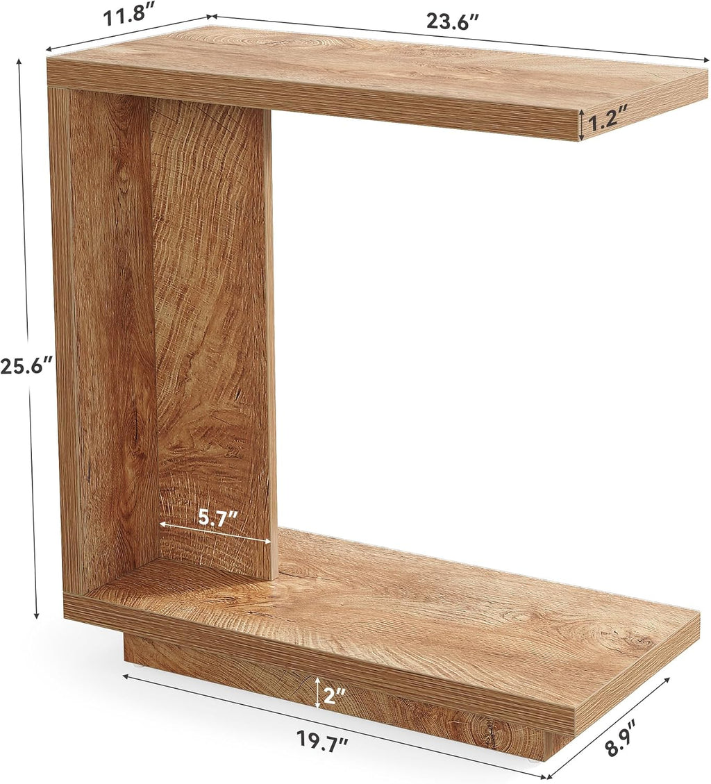 LITTLE TREE C-Shaped Side Table, Narrow 2-Tier End Table for Living Room, Couch, Bedroom, Bedside, Nightstand, Brown - Image 3