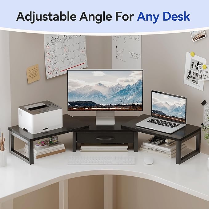 Dual Monitor Stand Riser, Desk Organizers and Accessories with Drawer, Computer Monitor Stands for Desk, Adjustable Desktop Shelf for PC Laptop Printer TV, Black - Image 5