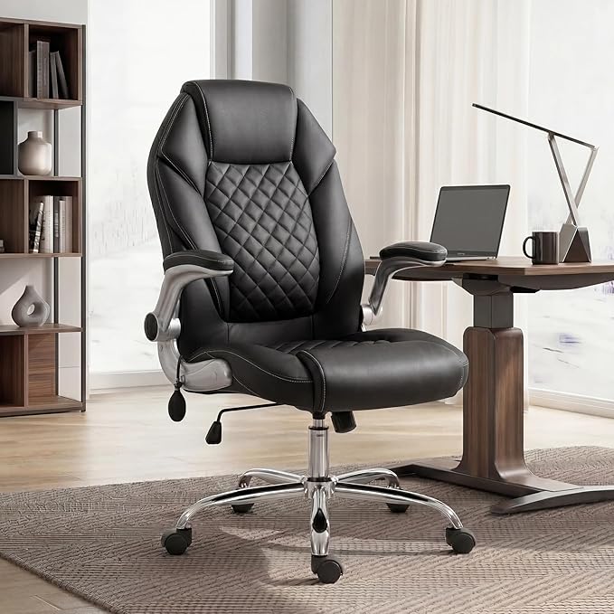 NEO CHAIR Ergonomic Office Chair, Executive Leather Chair, Lumbar Support | Executive Desk Chair with High Back, Flip-Up Arms and Wide Seat, Comfortable Gaming Chair for Home Office, Black - Image 2