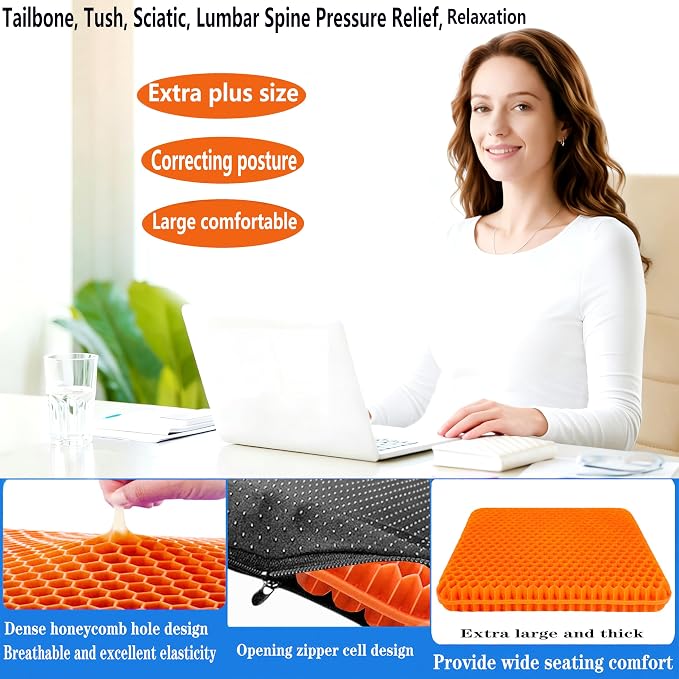 Plus Size Gel Seat Cushion for Long Sitting, Extra Large Cooling Supportive Seat Cushion for Back, Sciatica, Muscle, Tailbone Pain Relief, Use for The Office, Wheelchair, Car, Recliner, Kayak.(Orange) - Image 3