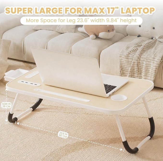 Lap Desk for Laptop Tray, Foldable Laptop Bed Desk with Storage Drawer | Bed Laptop Table for Adults with Light & Cup Holder & USB Ports, Laptop Stand for Couch Writing Reading Eating, Beige - Image 7