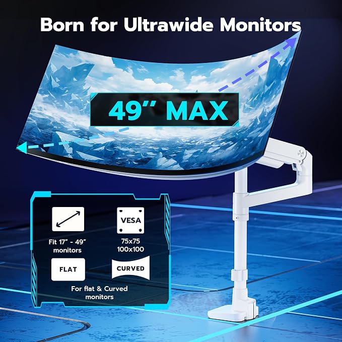 Single Monitor Arm Desk Mount for 17-49 Inch Monitors, White | Heavy Duty Monitor Mount Stacked Monitor Arm Desk Holds 44 lbs - Image 4