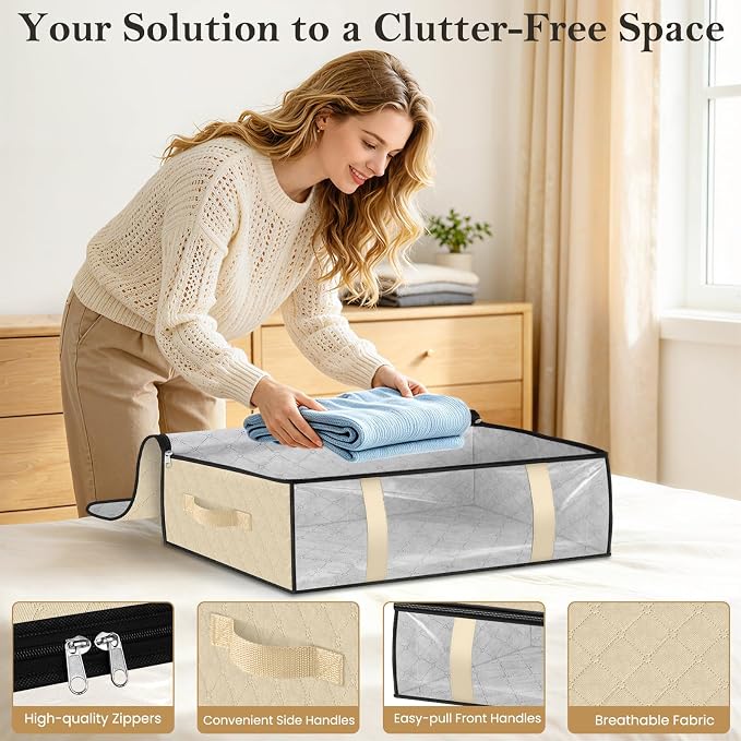 StorageRight Under Bed Storage Bags, 2 Pack, 40L, Beige | Breathable Non-Woven Fabric with a Clear Window and Zippered Top for Clothes, Comforters, Blankets and Seasonal Storage - Image 3