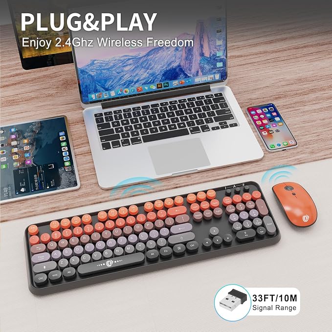Wireless Keyboard and Mouse Combo, 104 Round Keys Cute Colorful Keyboard and Mouse with Retro Typewriter for PC Mac Laptop Tablet Computer Windows Black Red - Image 2