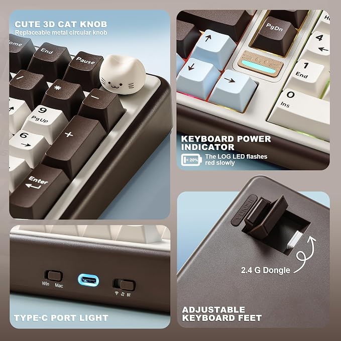 YUNZII B98 PRO 96% Wireless Mechanical Keyboard(Coffee Brown, Milk Switch) | QMK/VIA, with Numpad, Dual-Style Knob Design, Creamy Pre-Lubed Switches, Hot Swap, Gasket Mount, RGB for Gaming/Win/Mac - Image 8