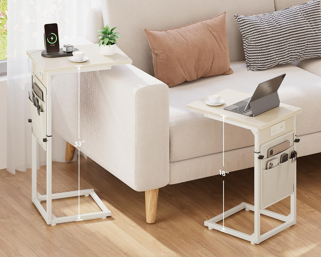 C Shaped End Table with Charging Station, Adjustable Height Side Table for Couch, Small Sofa Table C Table End Table, Slide Under Couch Table TV Tray Arm Table for Living Room, Bedroom, Cream - Image 2