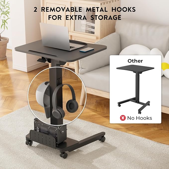 BONTEC Mobile Standing Desk, Adjustable Height, 23.6 x 20.5 Inch, Black | Rolling Laptop Cart with Storage Shelf and Hooks, Portable Workstation with Pneumatic Lift, Ergonomic Compact Home Office Use - Image 7