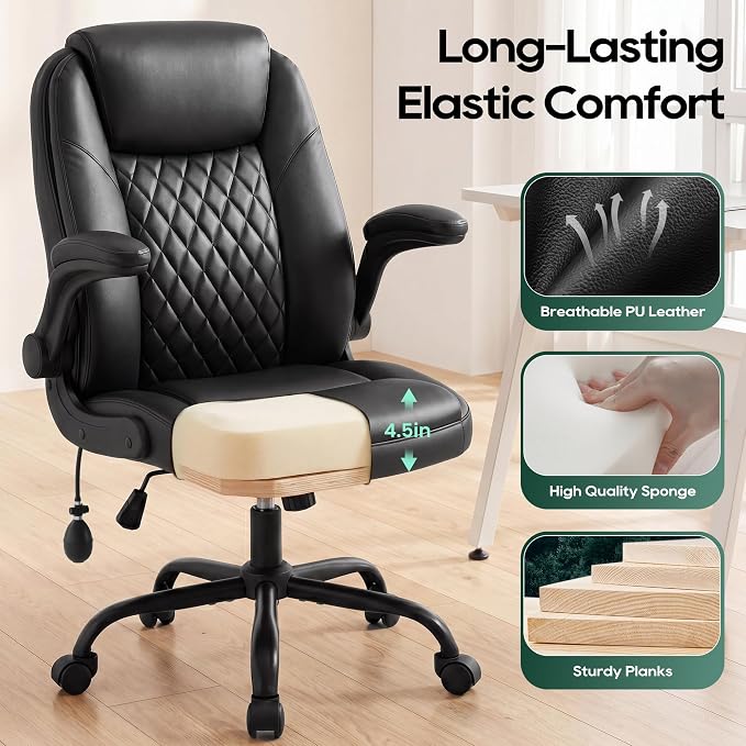 MALOL Leather Office Chair with Adjustable Lumbar Support Set of 2, Black | Computer Desk Chair with Thick Cushion, Flip-Up Arms and Ergonomic Back, Comfy Executive Office Chair for Home Office Gaming - Image 6