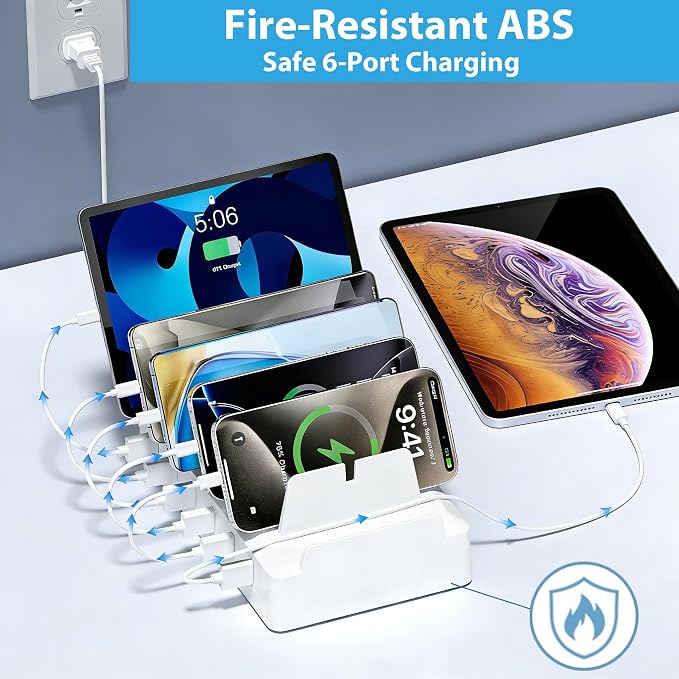 Charging Station for Multiple Devices, 6 Port USB Desktop Charger Dock Compatible with iPad, Samsung, Android, Tablet, Family Multi Phone Charging Organizer with Divider Holders, Fireproof ABS (White) - Image 4