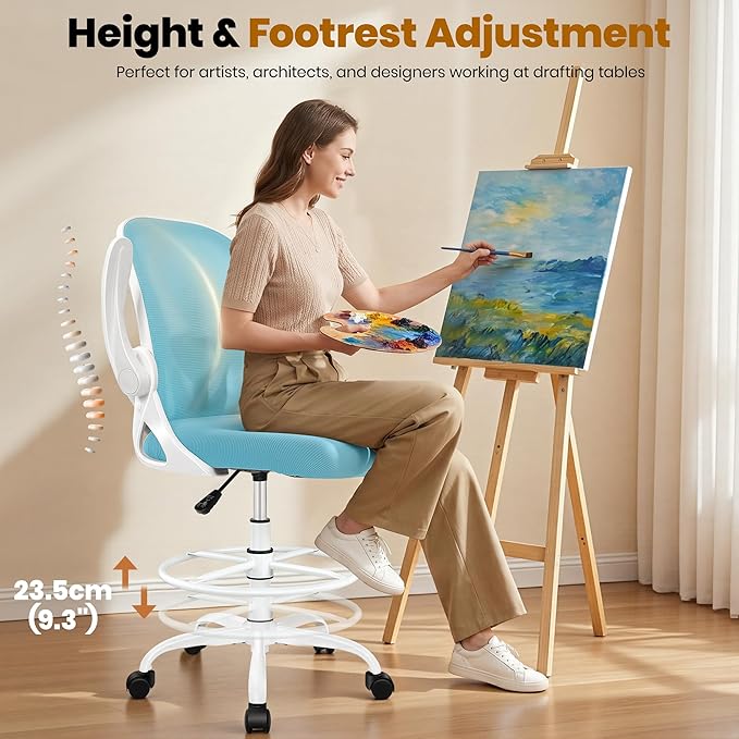 Drafting Chair Tall Office Chair with Flip-up Armrests Executive Ergonomic Computer Standing Desk Chair with Lumbar Support and Adjustable Footrest Ring（Blue） - Image 6
