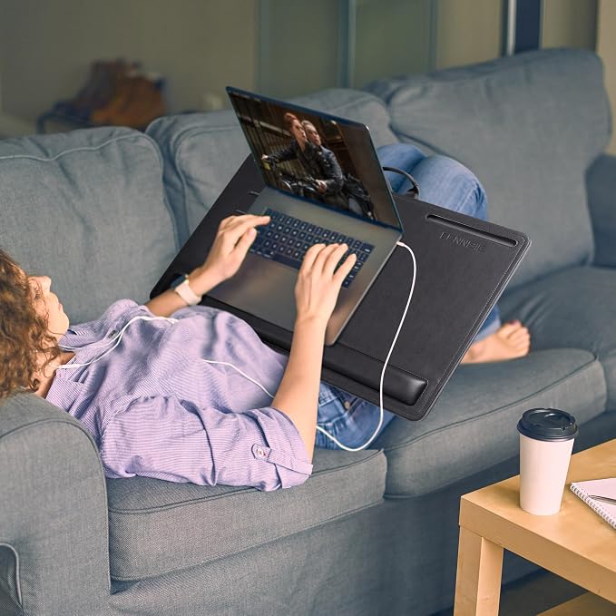 CENNBIE Leather Lap Desk with Memory Foam Cushion 24x16 Inches (Black) | Adjustable Portable Laptop Tray Fits 17 / 19 Inch Notebook - Built-in Wrist Rest Lightweight Computer Desk - Image 6