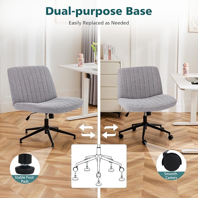 OLIXIS Criss Cross Chair with Wheels, Vanity Chair, Home Office Desk | Wide Seat Armless, Comfy Fabric, Height Adjustable Swivel Rolling, Home Computer Task Seating for Bedroom Study, Grey Fabric - Image 7