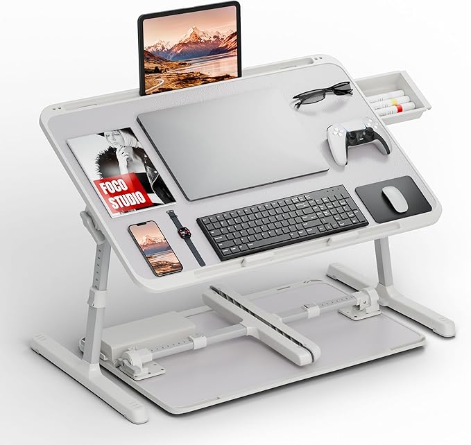 Potuopy Adjustable Lap Desk, Large Smooth Easy-Clean Wood Grain Desktop, Foldable Laptop Bed Tray Table with Storage Drawer, Portable Laptop Stand Fits 17" Laptop for Bed Couch Floor (Grey) by Potuopy