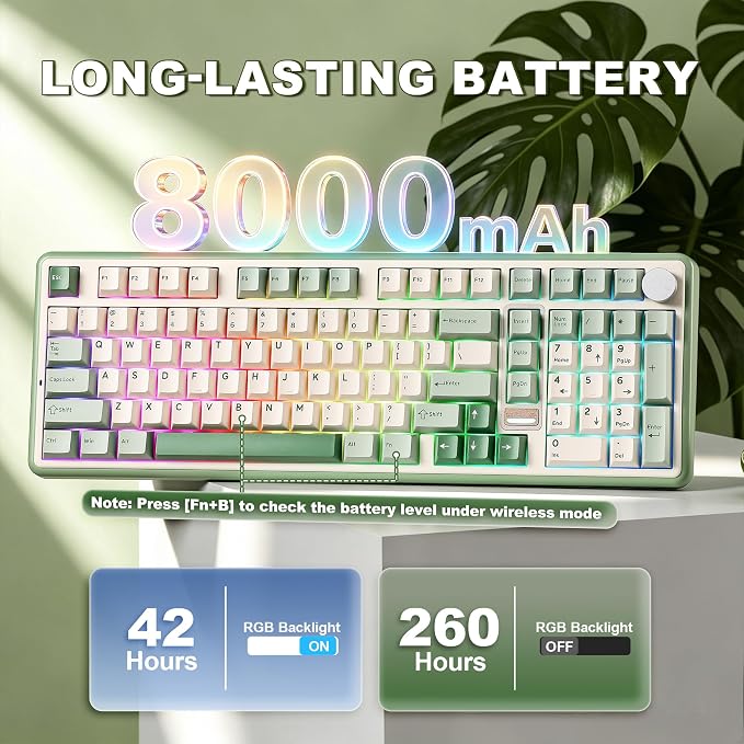 YUNZII B98 PRO 96% Wireless Mechanical Keyboard(Matcha Green, Candy Switch) | QMK/VIA, with Numpad, Dual-Style Knob Design, Creamy Pre-Lubed Switches, Hot Swap, Gasket Mount, RGB for Gaming/Win/Mac - Image 7