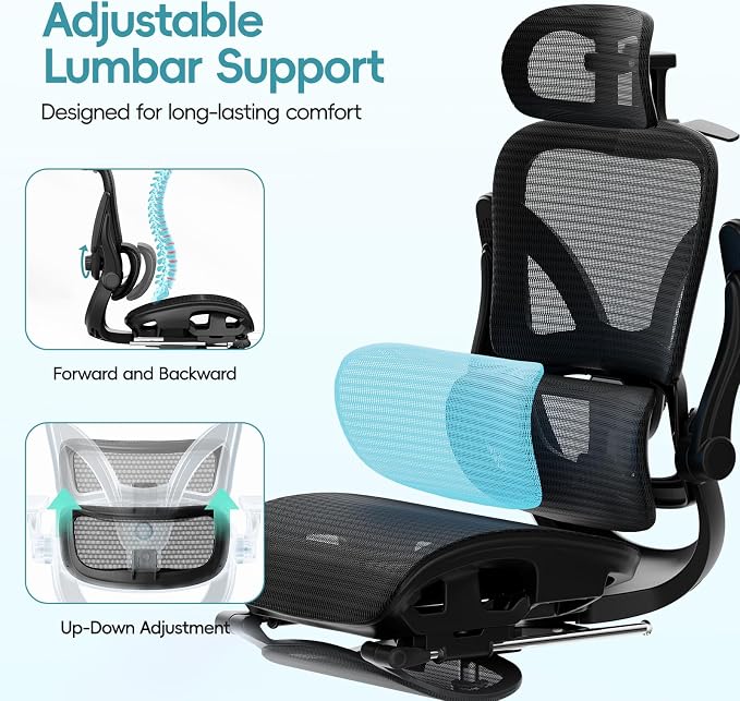 Ergonomic Office Chair, Home Office Desk Chairs with Adjustable Lumbar | Allion Ergonomic Mesh Computer Gaming Chairs with 3D Headrest, Flip-up Arms, Big Tall Reclining chair for Men Women, Black - Image 4