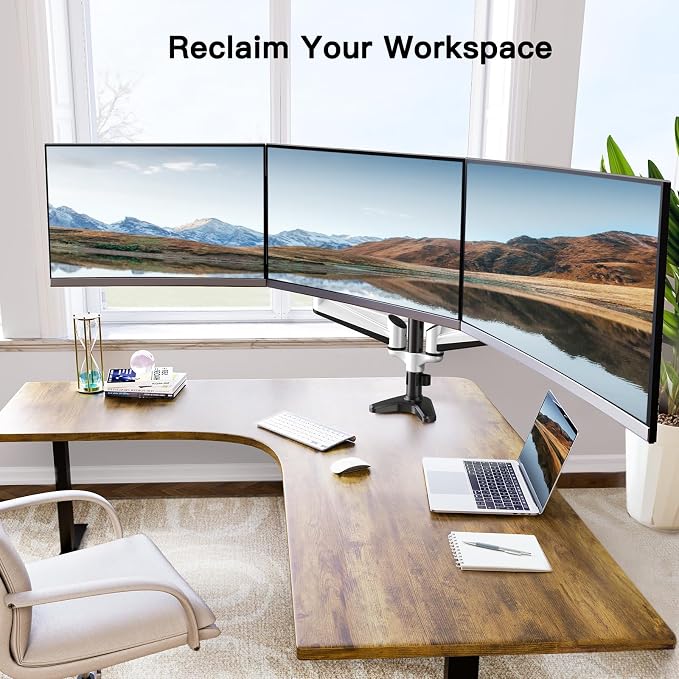 HUANUO Triple Monitor Stand - Full Motion Articulating Monitor Mount Fit Three 17 to 32 inch LCD Computer Screens with Clamp, Grommet Kit - Image 6