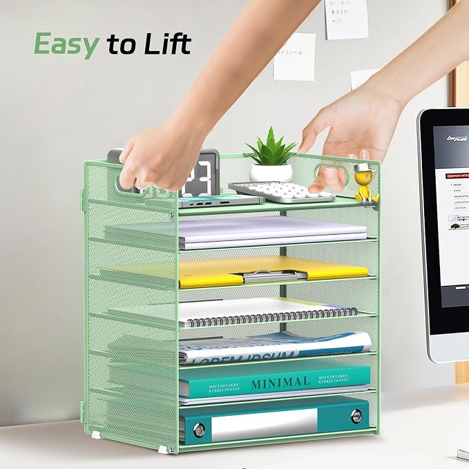7 Tier Paper Organizer for Desk with Letter Trays & Handle Mint Green | Black Desk File Organizer with Handle for Sorting Papers, Files, Folders, Mail, Bills and Office Supplies - Image 6