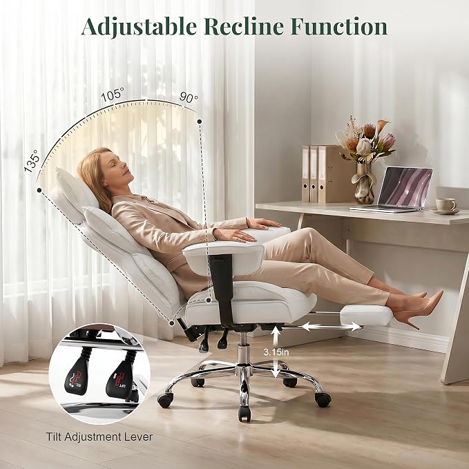Big and Tall Office Chair 400 LBS, for Adults, Home Office | PU Leather, Executive Ergonomic Desk Chair with Footrest, Lumbar Support, Wide Seat ,Reclining, Adjustable Armrest, Beige - Image 6