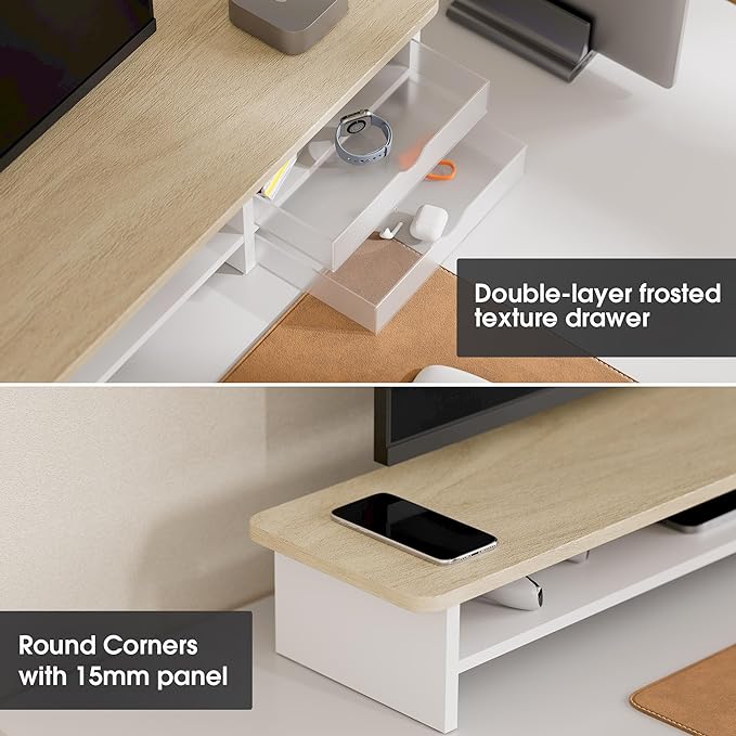 Fenge Monitor Stand, Desk Computer Riser with Frosted Storage Drawer, Oak | 42.5 Inch Dual Monitor Riser, 2 Tiers, Cable Management, Desk Shelf for 2 Monitors, Ultrawide Screen, Laptop, TV, Home Office - Image 4
