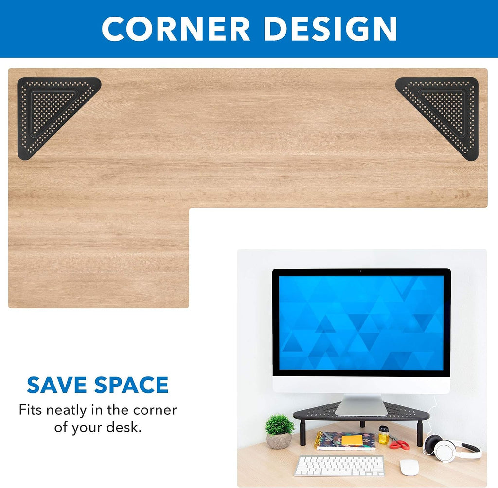 Corner Monitor Stand | Adjustable Height Corner Desk Shelf | Triangle Screen Riser, Ergonomic Space Saving Design, Ventilated. (Metal, Black) - Image 5