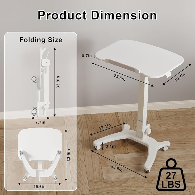 BONTEC Mobile Foldable Standing Desk, Gas Spring, 25.6 x 19.7 Inch, White | Portable Adjustable Height Laptop Table with Wheels, Small Rolling Design for Home, Office, Bedroom and Medical Use - Image 2