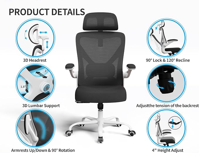 Ergonomic Office Chair: Mesh Desk Chair Comfy with Headrest& Lumbar Support | Ergalithic Big and Tall Office Chairs with Wheels & Flip-Up Arms-Computer Gaming Chairs for Adults Home Office (White Black) - Image 4