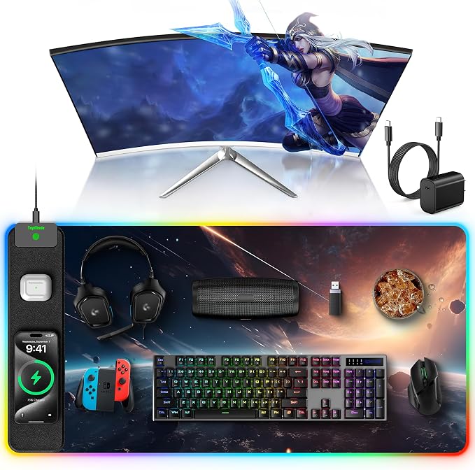 TopMade Wireless Charging Mouse Pad, RGB Gaming Mousepad Home Office Desk Pad, 31.5” x 15.8” Large Desk Mat, Waterproof Keyboard Pad, Cosmic Planet (Includes 20W PD Power Adapter & 6.56ft Woven Cable) by TopmadeProduct-Ordernow