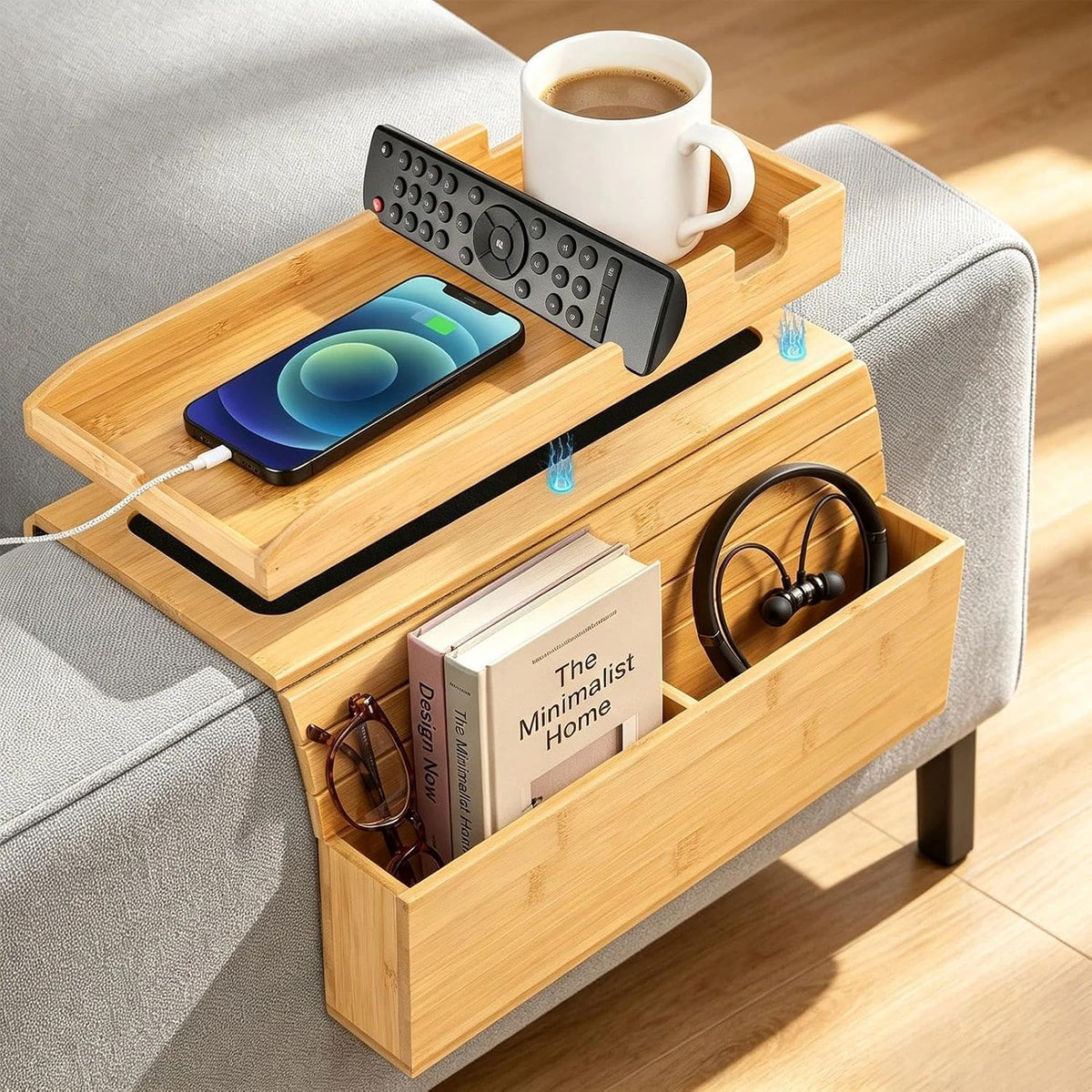 Magnetic Bamboo Couch Arm Tray with Cup Holder, Fits 6.3"+ Sofa Arms by Esmorah