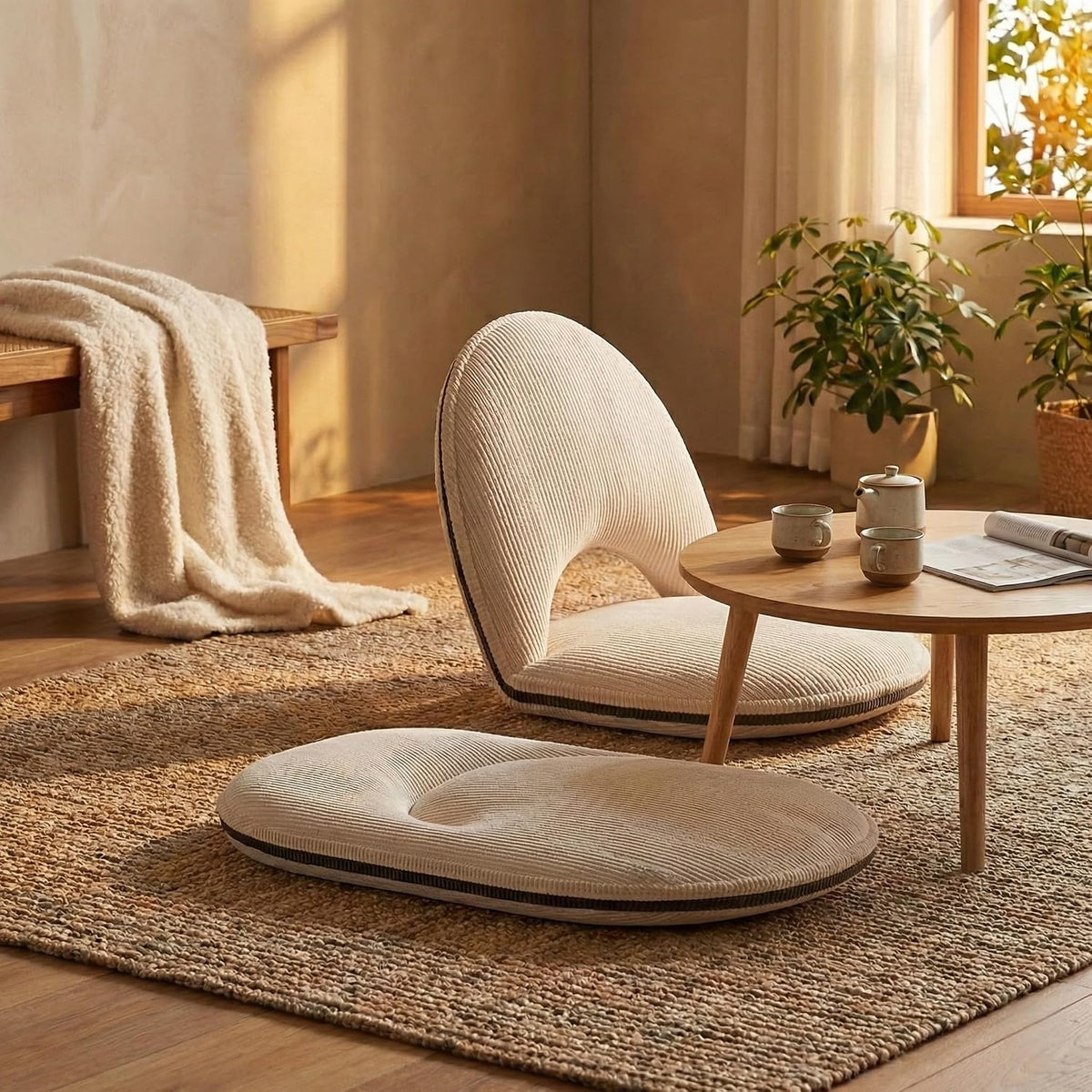 Foldable White Adjustable Floor Chairs with Back Support, Tatami Style Folding Floor Chair for Bedroom, Bay Window, Balcony, Living Room or Bedside – Single Seat Floor Lounger with Backrest Cushion by SilqueSense