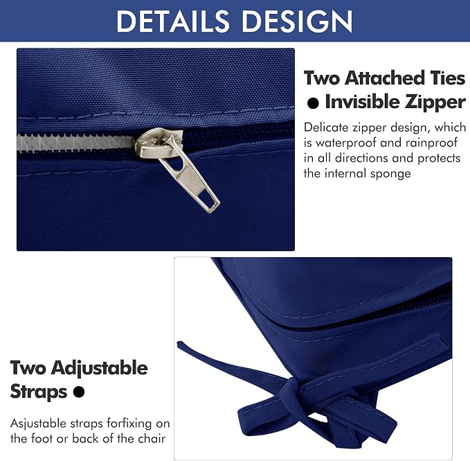 Outdoor Chair Cushions Set of 2, 16 x 17 Inch Waterproof Seat Pads | 3 Year Color Fastness Thick Patio Chair Cushion with Ties for Garden Lawn Sofa Couch, Navy Blue - Image 8