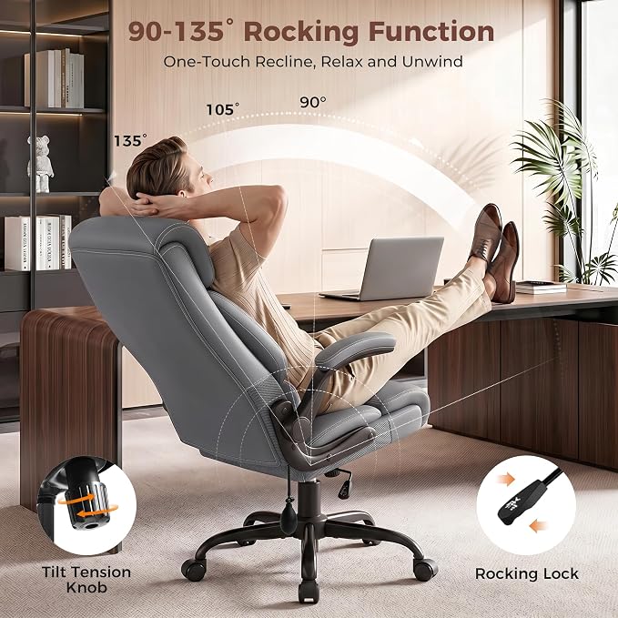 Ergonomic Office Chair with Lumbar Support, Executive Leather Computer Desk Chair with Flip Up Arms & Rocking Function, High Back Big and Tall Comfortable Gaming Chair for Home Office - Image 5