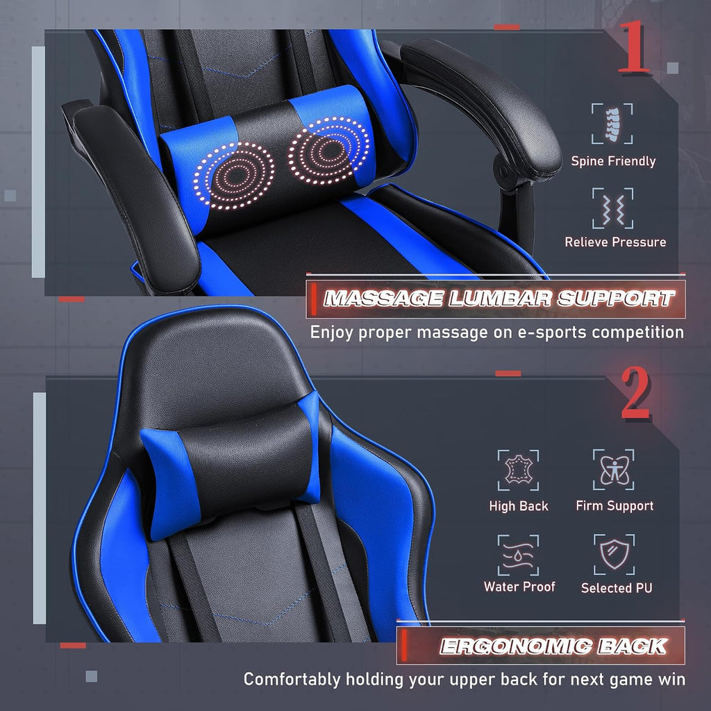 Furmax Gaming Chair, Video Game Chair with Footrest and Massage Lumbar Support, Swivel Seat Height Adjustable Computer Chair with Headrest, Racing E-Sport Gamer Chair (Blue) - Image 4