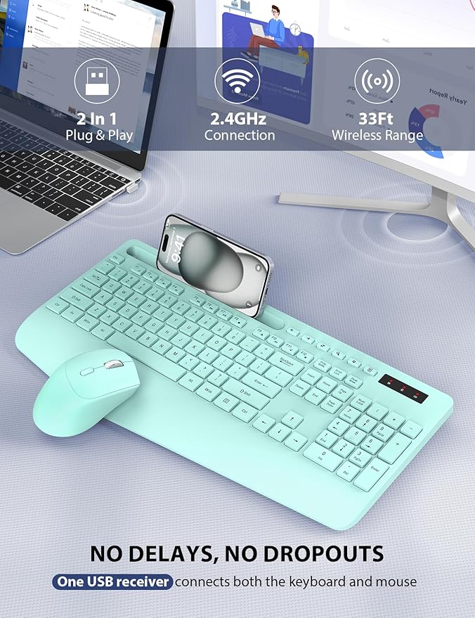 Wireless Keyboard and Mouse Combo - Full-Sized Ergonomic Keyboard with Wrist Rest, Phone Holder, Sleep Mode, Silent 2.4GHz Cordless Keyboard Mouse Combo for Computer, Laptop, PC, Mac, Windows (Green) - Image 4