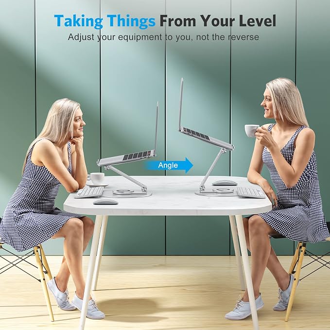 OMOTON Adjustable Laptop Stand for Desk 360° Rotating Base up to 17" Silver | Ergonomic Laptop Rise for Collaborative Work, Foldable Dual Shaft for Easy Storage, Fits for MacBook/Dell/HP - Image 7