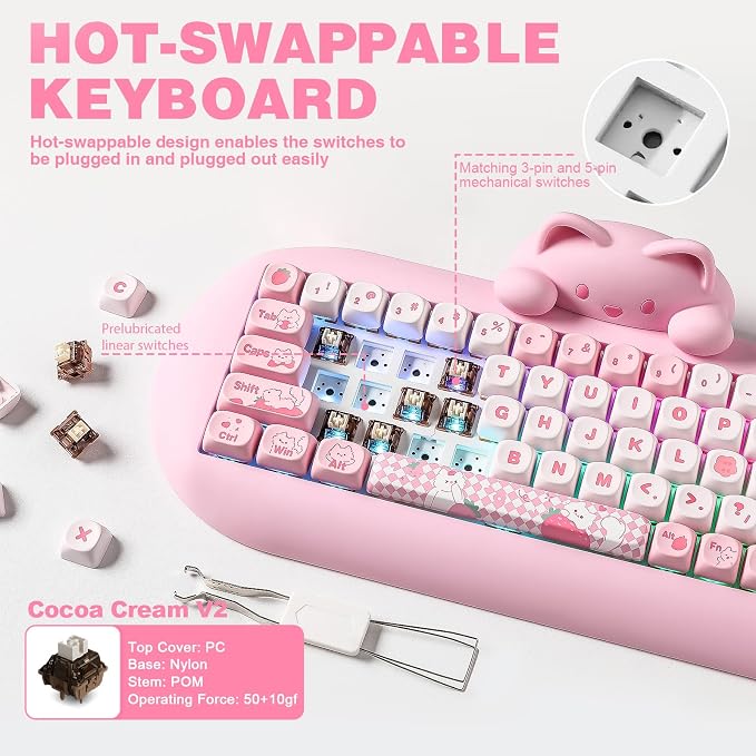 YUNZII C68 Silicone Cute Cat Mechanical Keyboard (Pink, Cocoa Cream Switch) | Wireless Triple Mode BT5.0/2.4G/Wired, RGB Backlit NKRO, Cute Cat Silicone Ergonomic Design for Win/Mac - Image 6
