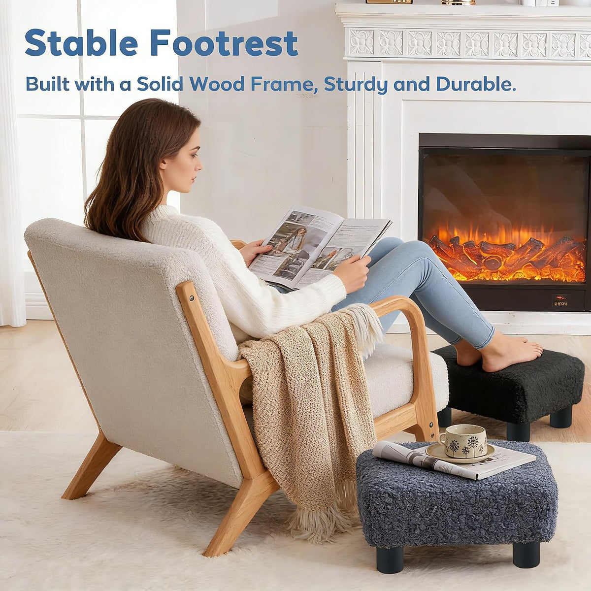 BRIAN & DANY Small Foot Stool Ottoman, Footstool with Legs, Sherpa Foot Rest for Couch, Foot Stools Small for Living Room, Bedroom and Office, Coal Black - Image 7