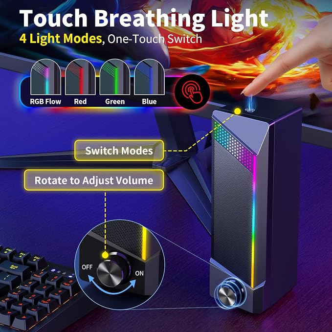 Computer Speakers, 2 in 1 PC Speaker , Gaming Speakers for PC Computer Laptop Desktop Monitor, RGB Speakers with Touch Sensitive Lighting, USB Powered 3.5mm Aux（Package Only Two Speaker, No Soundbar） - Image 4