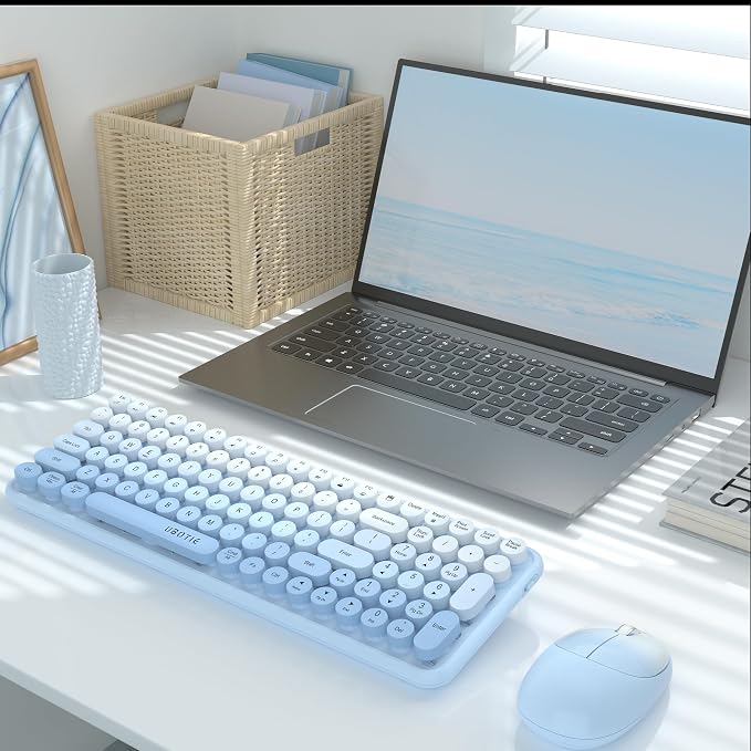 UBOTIE Wireless Keyboards and Mouse Combo (Blue Gradient) | Colorful Gradient Rainbow Color Retro Typewriter Flexible Keyboard, 2.4GHz Connection and Optical Mouse for PC Wins Mac - Image 2