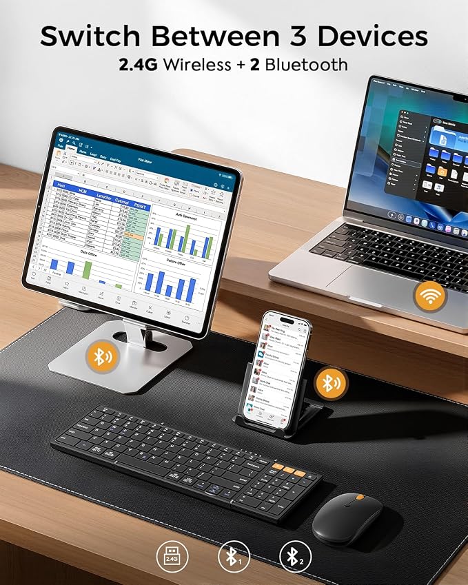 Foldable Keyboard and Mouse with Storage Bag, 2.4G+BT5.0 x 2 for Laptop | Full-Size US Layout, Quiet in Shared Spaces, Travel Essential, Wireless Mouse, USB-C Rechargeable, for Win/Mac/iOS/Android - Image 2