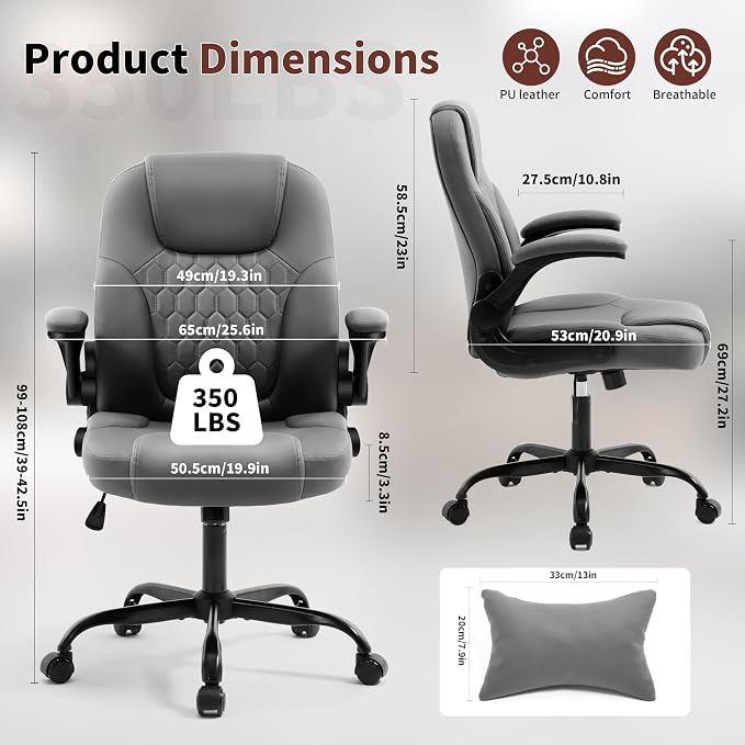 PU Leather Office Chair Swivel Lumbar Support for Short People Grey | Executive Office Chair PU,Leather Office Chair with Wheels,360° Swivel Rolling Chair with Padded Arm,Ergonomic Computer Chair - Image 2