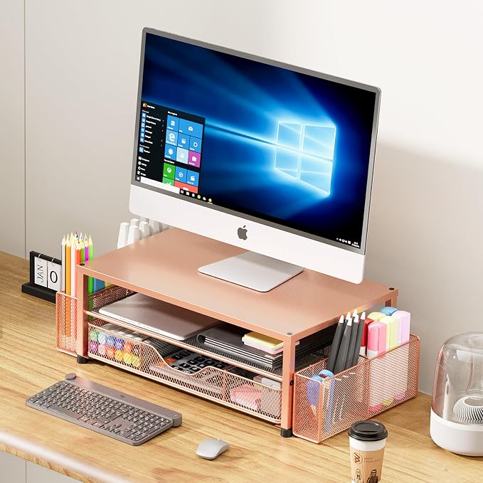 Desk Organizer and Accessories, 2-Tier Computer Monitor Stand Riser with Drawer and 2 Pen Holders, Laptop Stand, Office Desk Accessories for Office Supplies, 1 Pack, Rose - Image 5