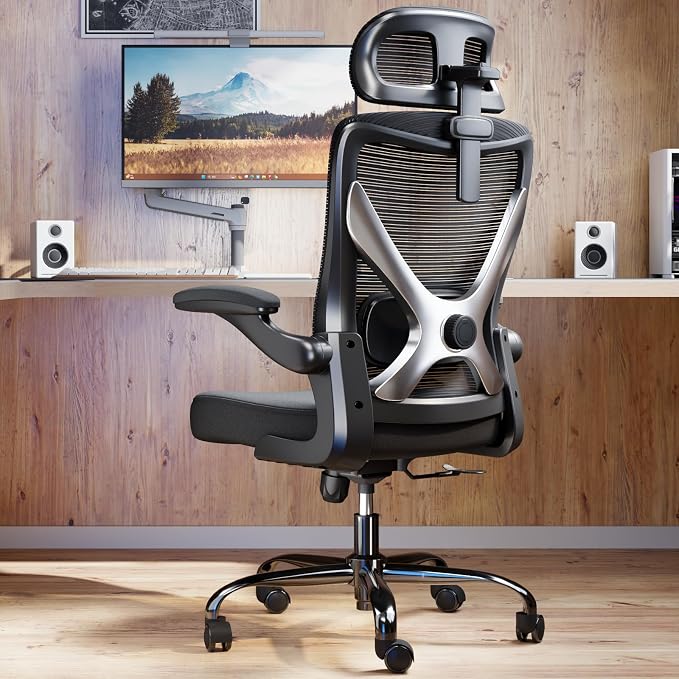 Ergonomic Office Chair: Mesh Desk Chair Comfy with Headrest& Lumbar Support | Ergalithic Big and Tall Office Chairs with Wheels & Flip-Up Arms-Computer Gaming Chairs for Adults Home Office Chairs(Black) by Ergalithic